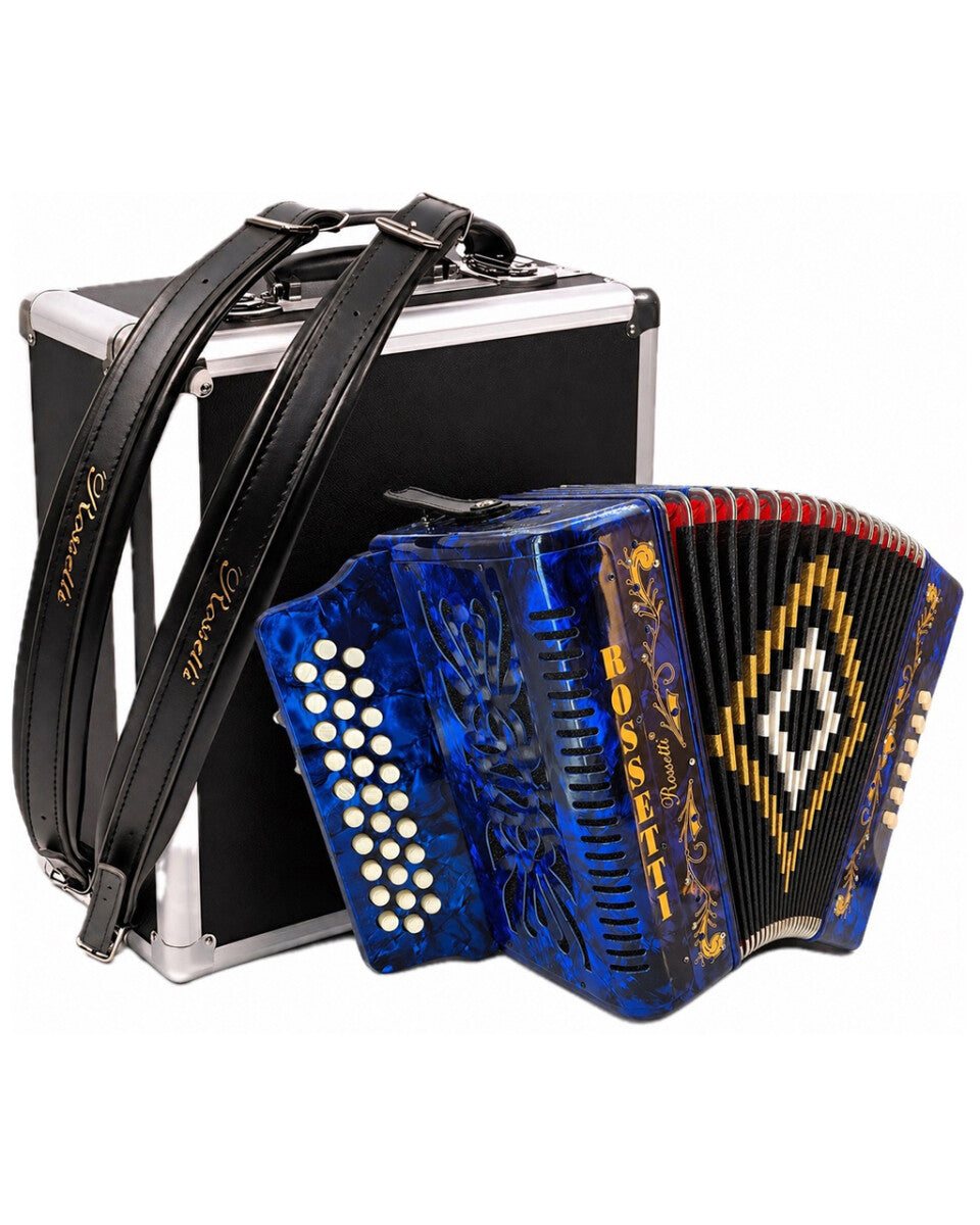 Rossetti 3112-GCF-BU 3 Row 31 Treble, 12 Bass Diatonic Button Accordion in Blue - G, C, F Tuning